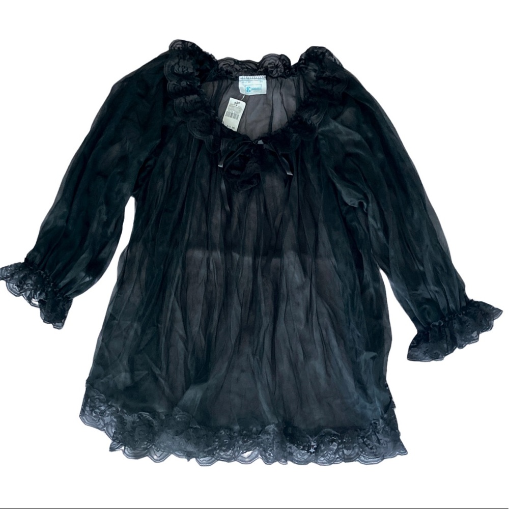 Kasara Frill Trim Tie Neck Sheer Nightdress Black Large